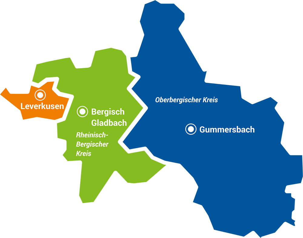 Gebietskarte - Zuständigkeitsbereich des Integrationsfachdienstes in Bergisch Gladbach
